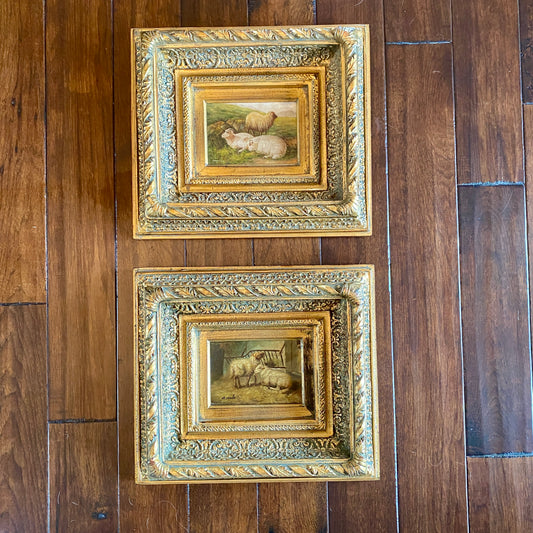 Pair of Original Sheep on Canvas Paintings with Chunky Gold Frame