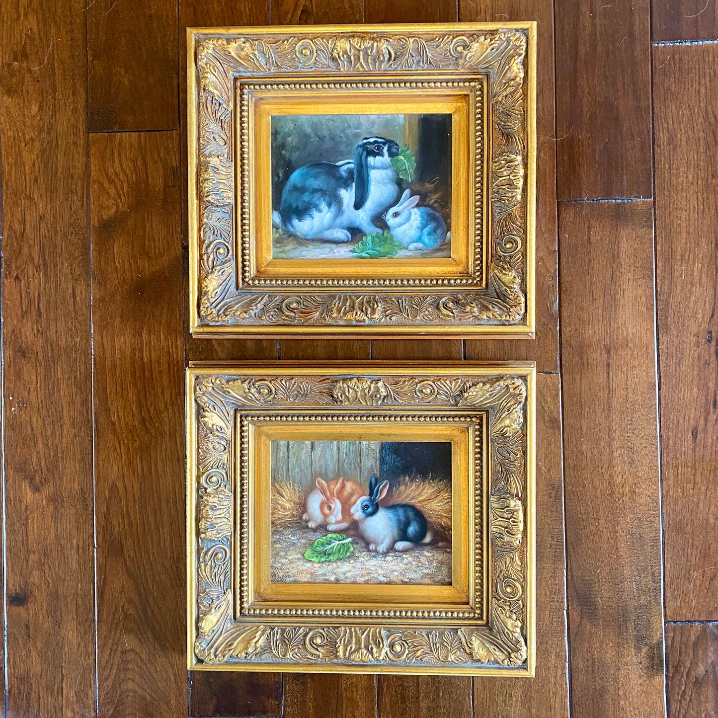 Original Black and White Bunny Painting with Gold Frame