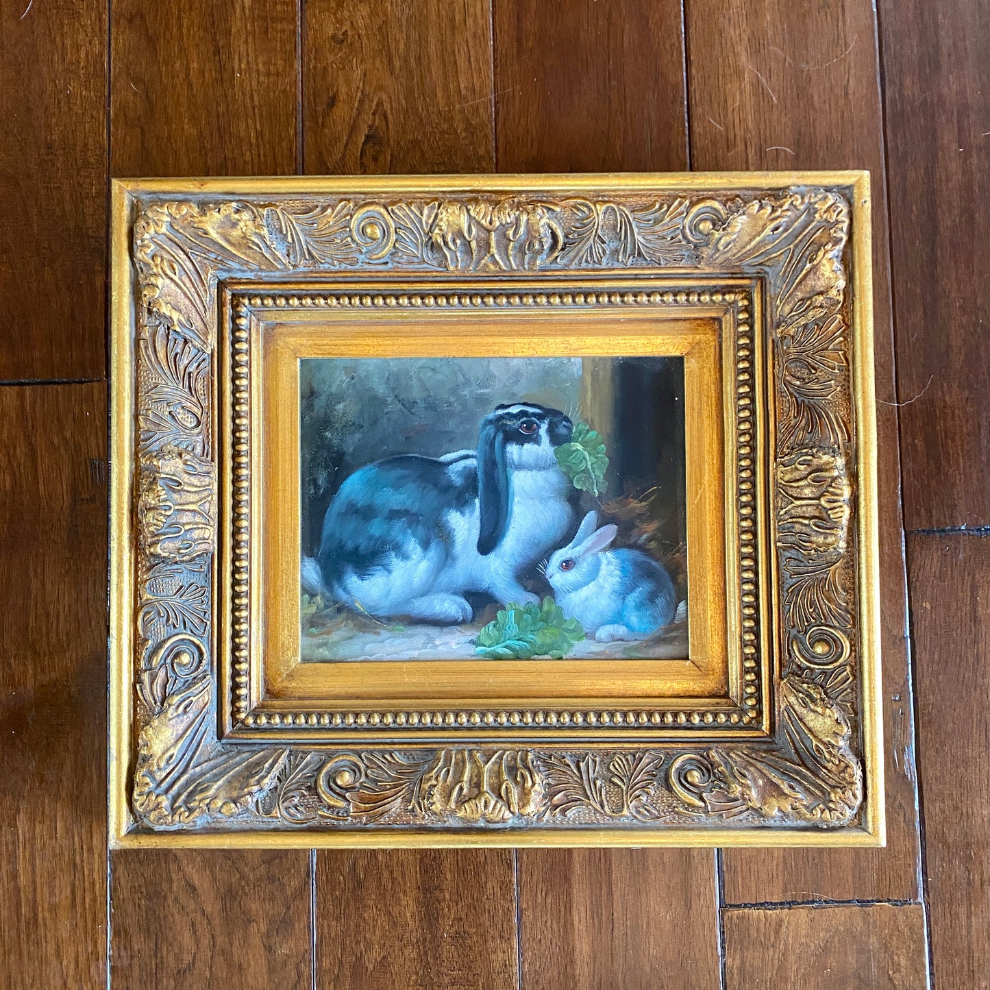 Original Black and White Bunny Painting with Gold Frame