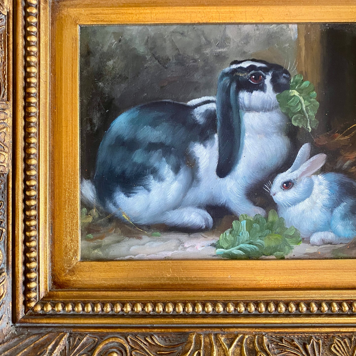 Original Black and White Bunny Painting with Gold Frame