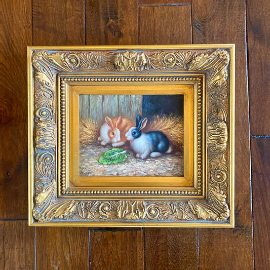 Original Pair of Bunnies Painting with Gold Frame