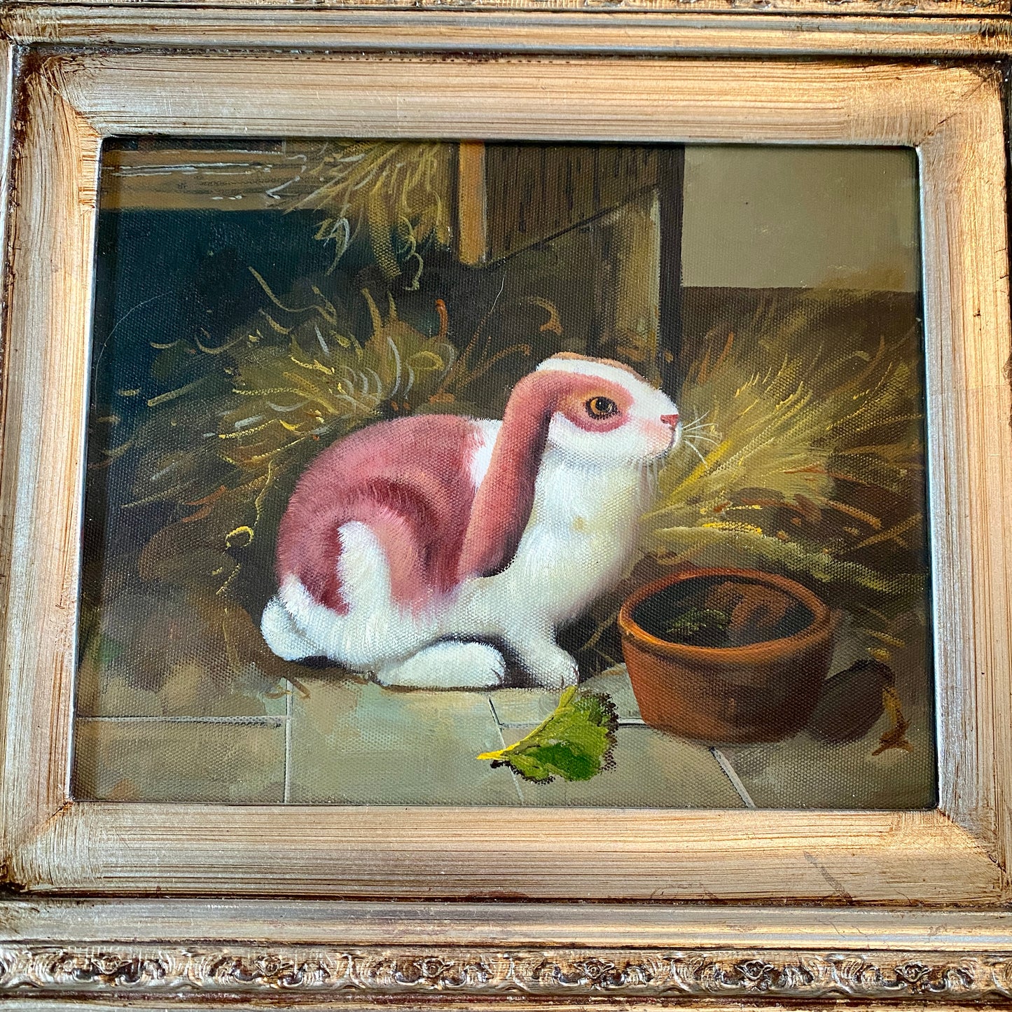 Original Red and White Bunny Painting with Silver Frame
