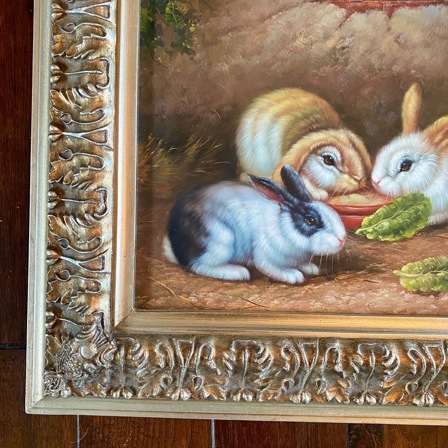 Original Trio of Bunnies Painting with Silver Frame