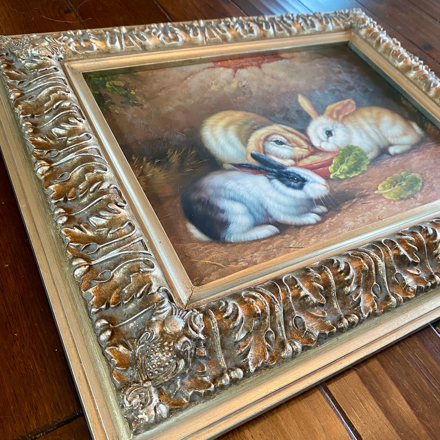 Original Trio of Bunnies Painting with Silver Frame