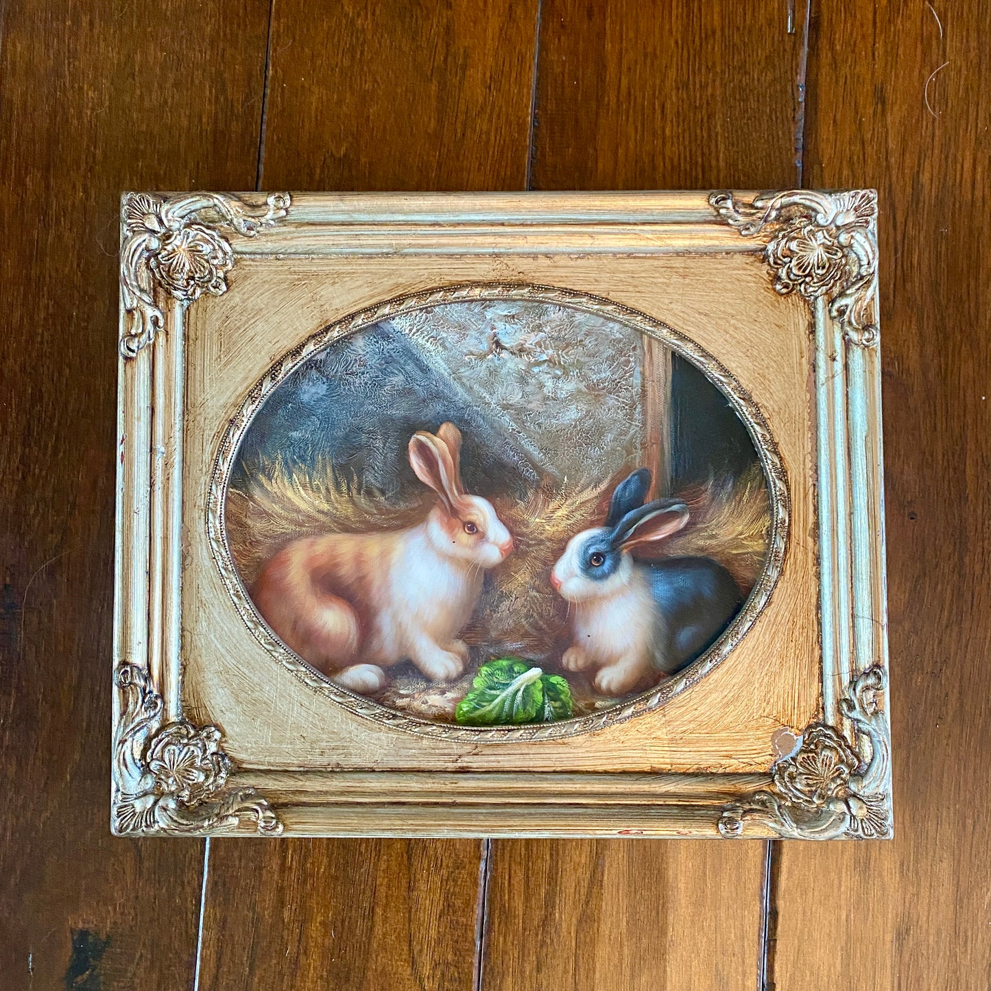 Original Pair of Bunnies Painting with Silver Frame