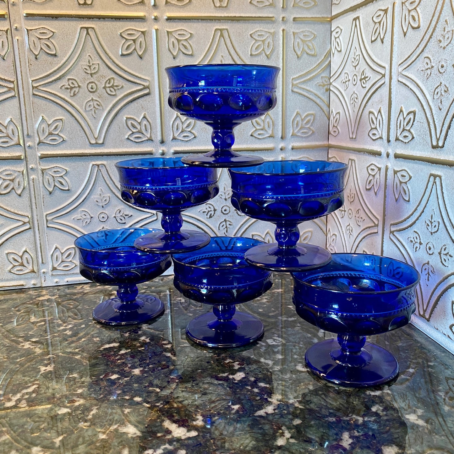 Indiana Glass Cobalt Kings Crown Sherbert Glasses/Coupes - Set of 6