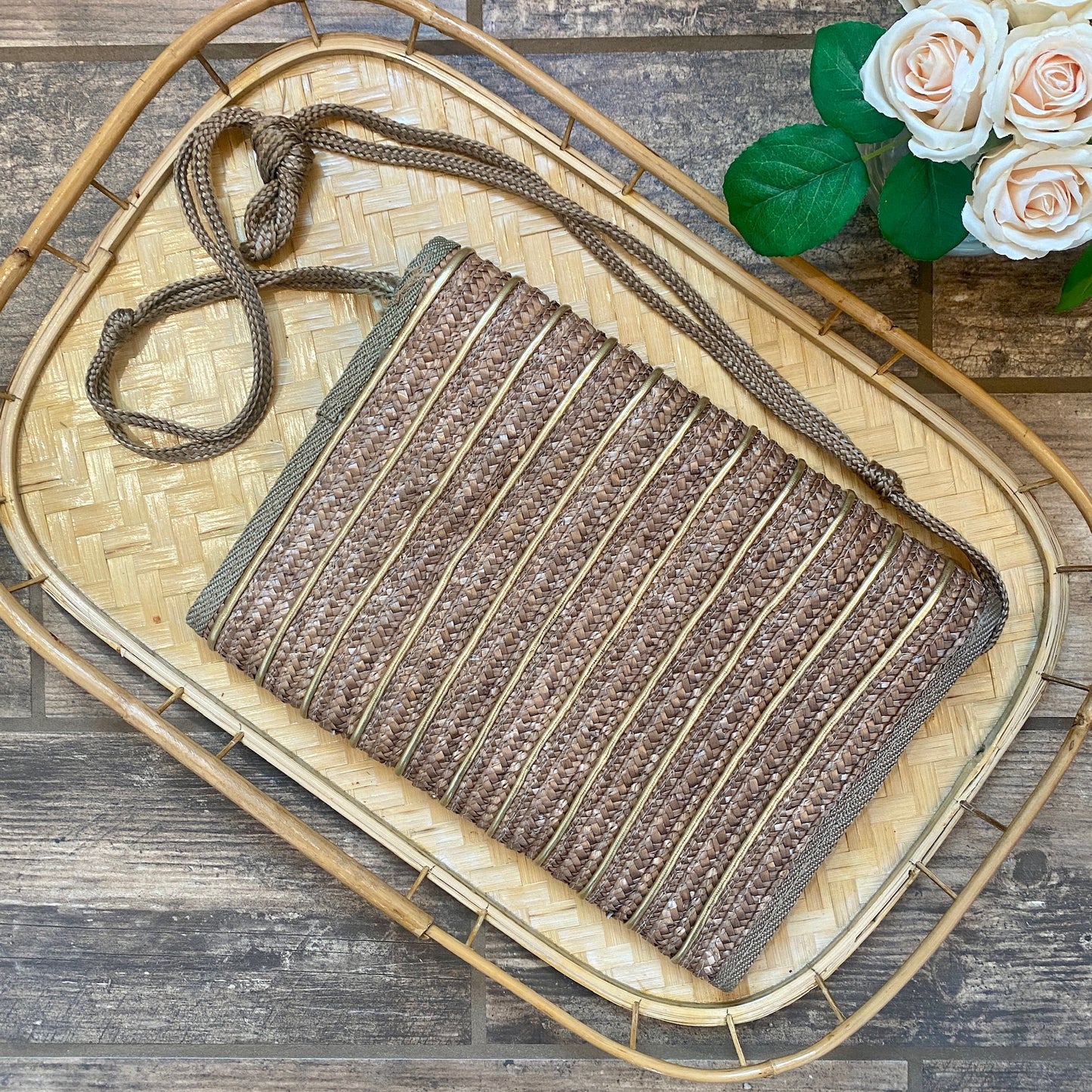 Rattan and Gold Leather Striped Clutch