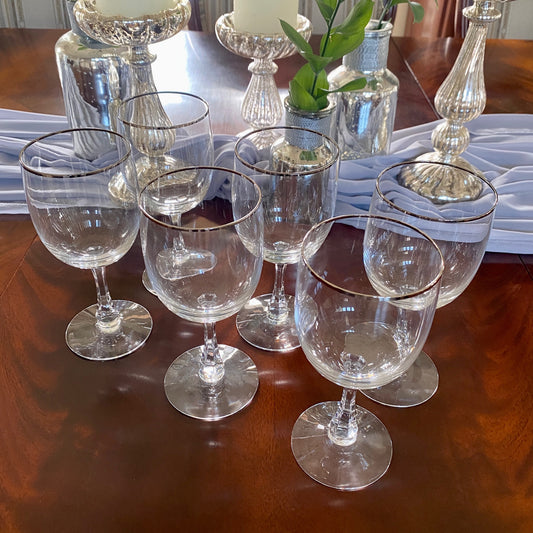 Set of Six Fostoria Crystal Wine Glasses with Silver Rim