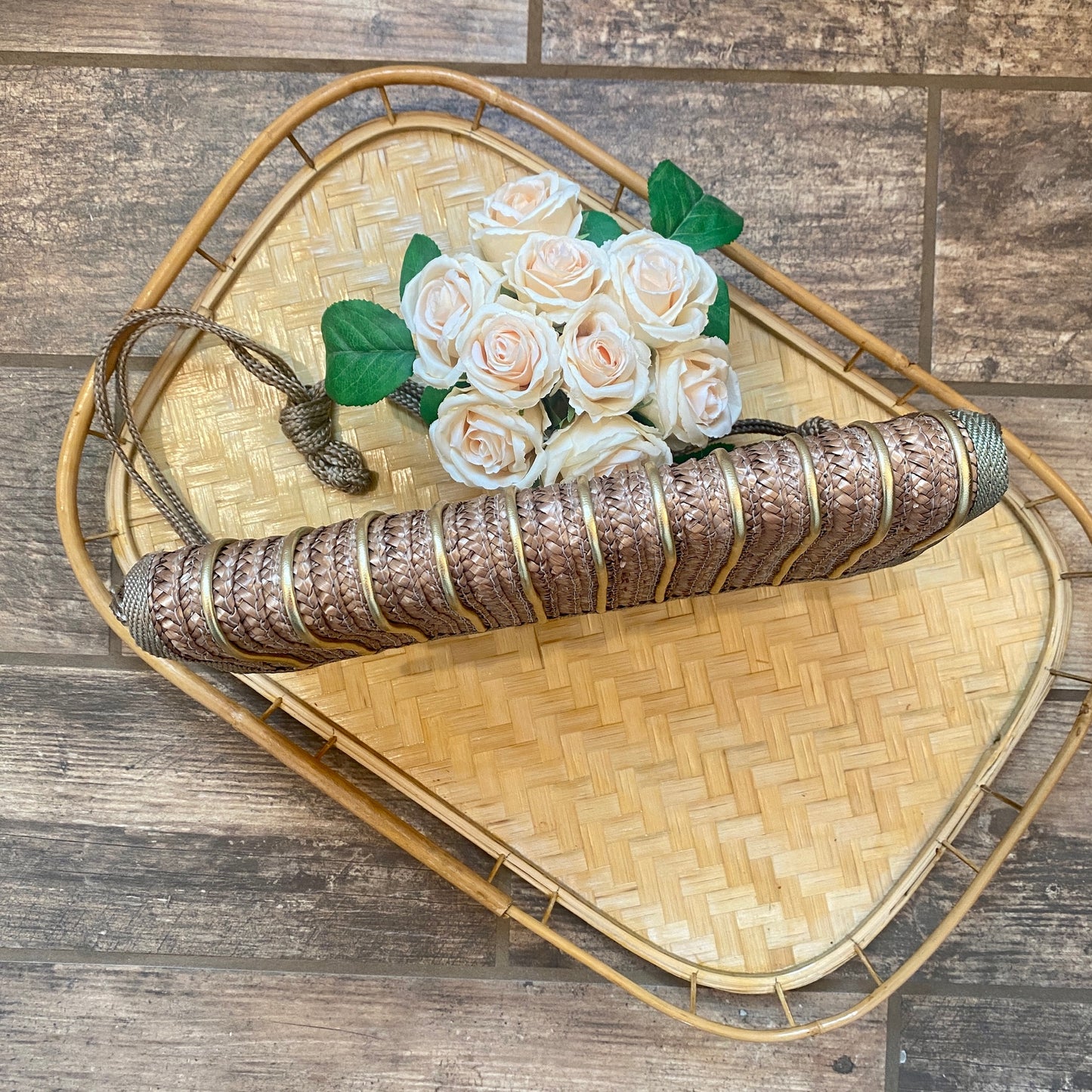 Rattan and Gold Leather Striped Clutch