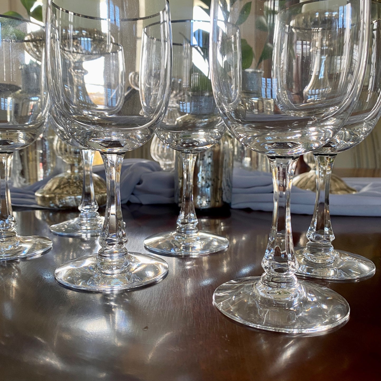 Set of Six Fostoria Crystal Wine Glasses with Silver Rim