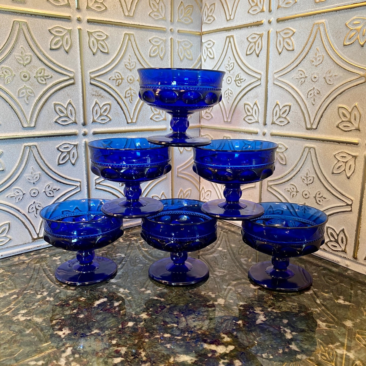 Indiana Glass Cobalt Kings Crown Sherbert Glasses/Coupes - Set of 6