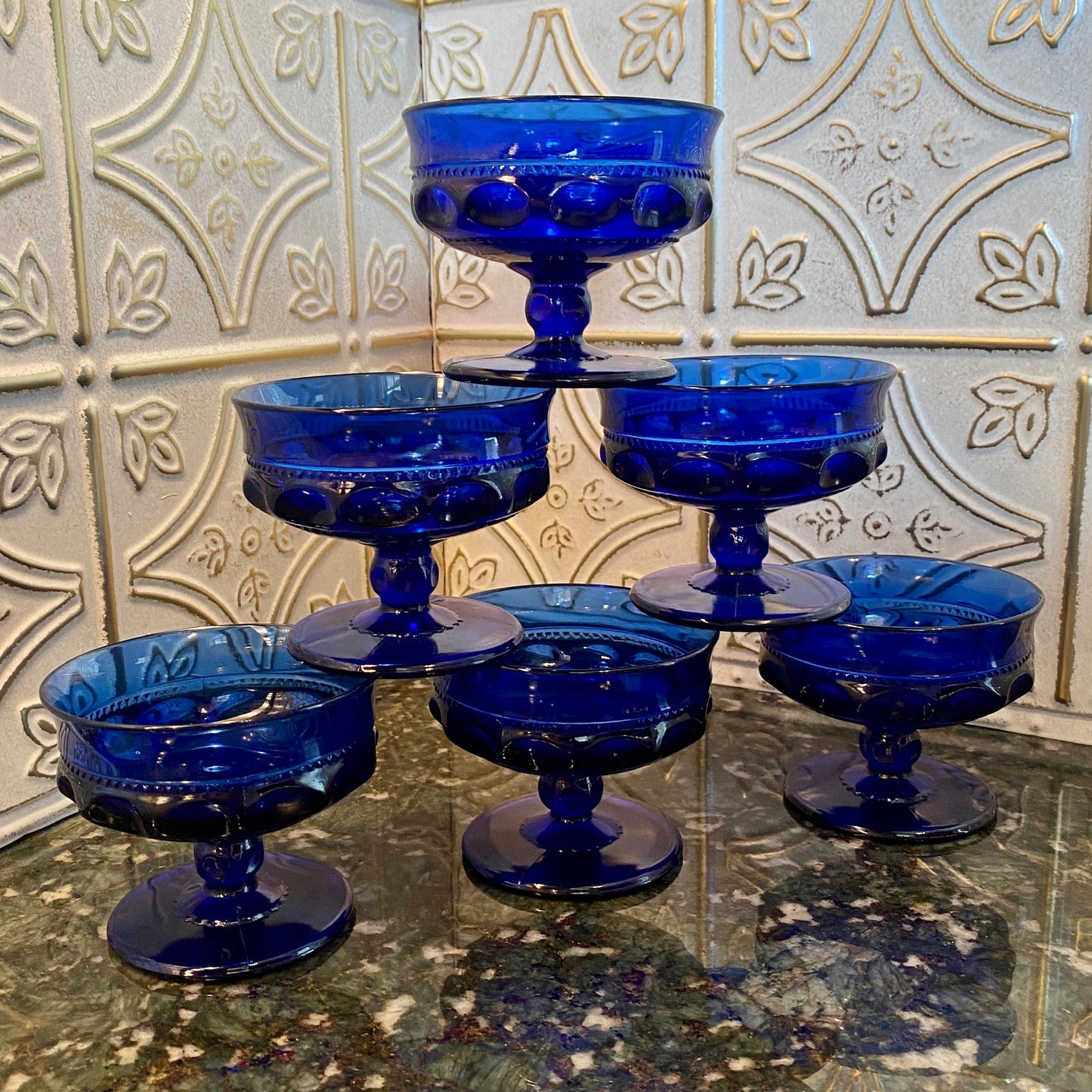 Indiana Glass Cobalt Kings Crown Sherbert Glasses/Coupes - Set of 6