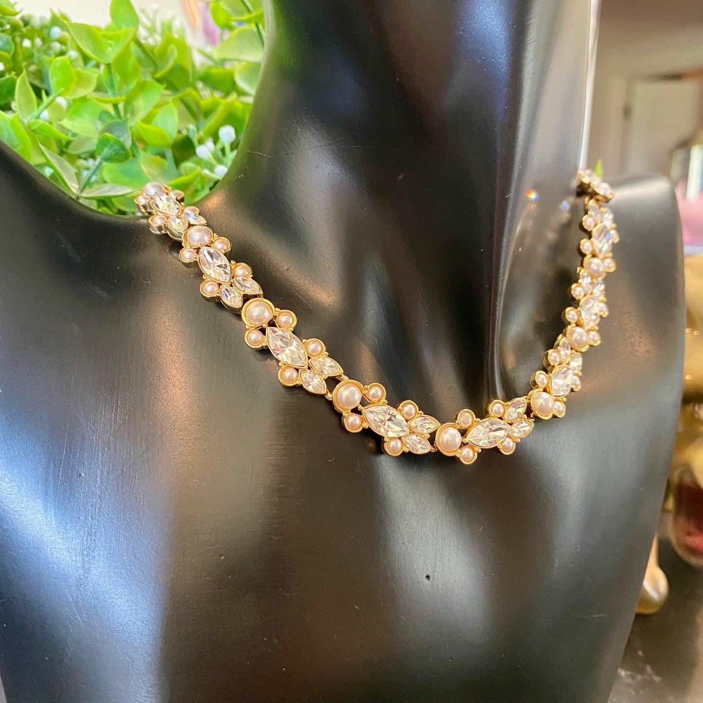 Rhinestone and Pearl Gold Choker