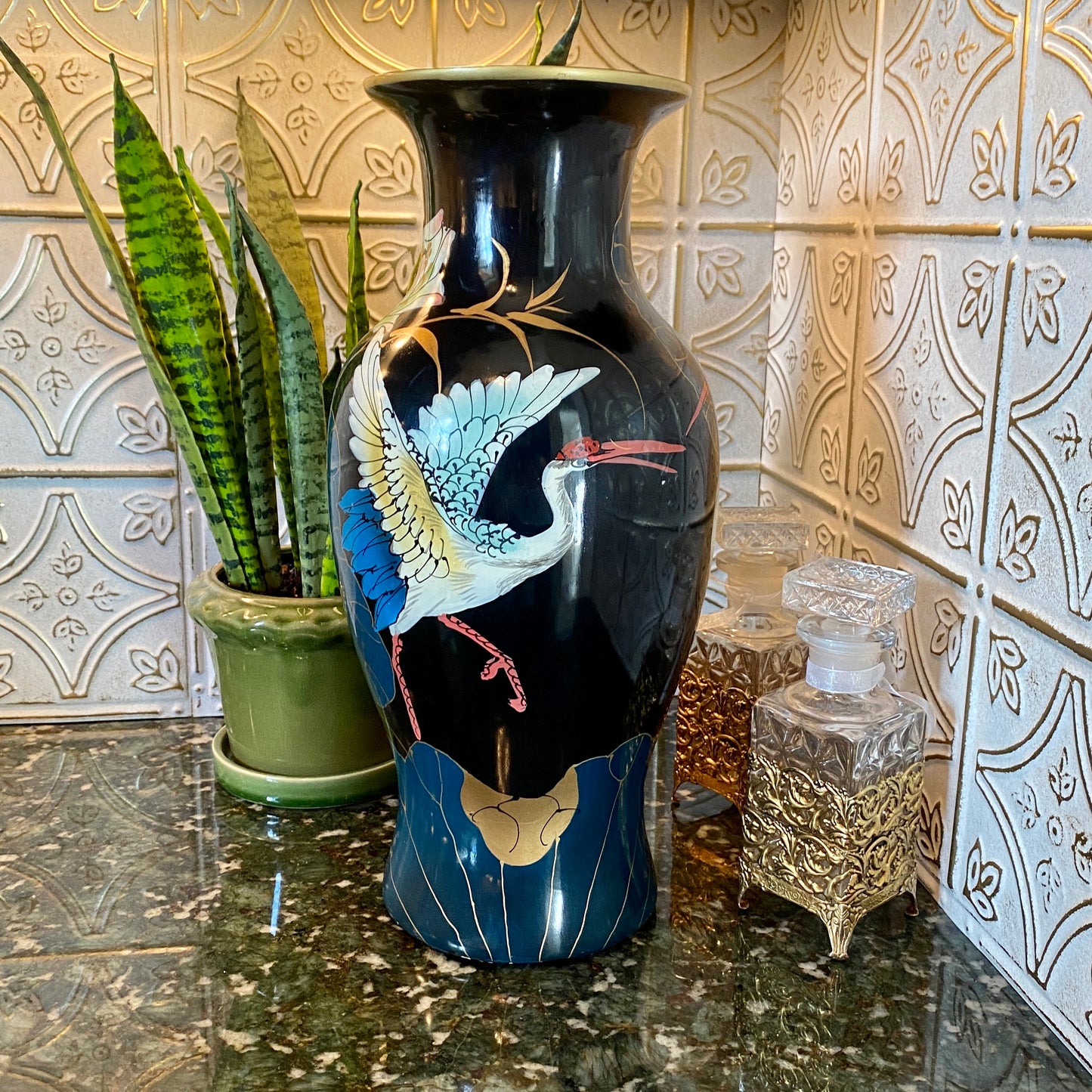 Large Hand Painted Asian Crane Vase