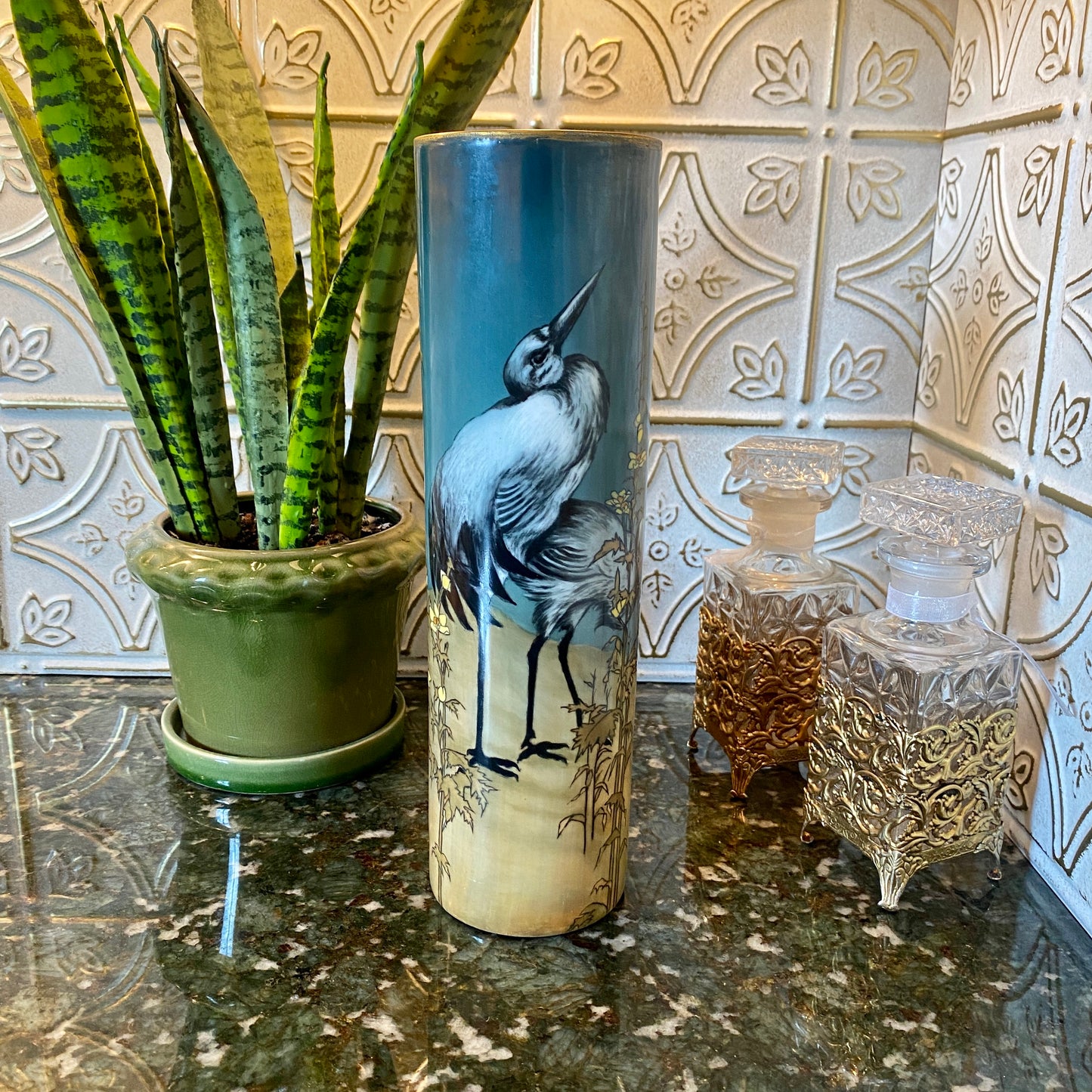 Early 1900s French Column Vase with Cranes