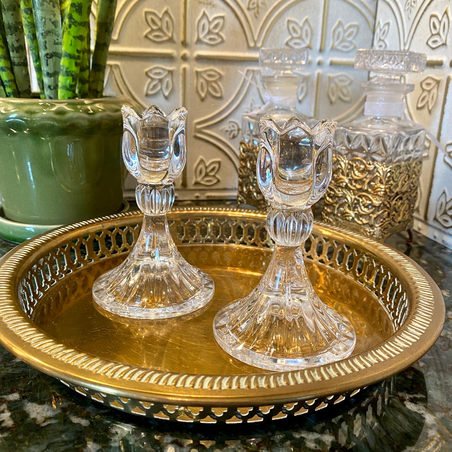 Pair of Crystal Tulip Candle Stick Holders