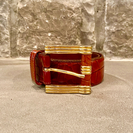 1980's Grain Leather Waist Belt with Gold Buckle