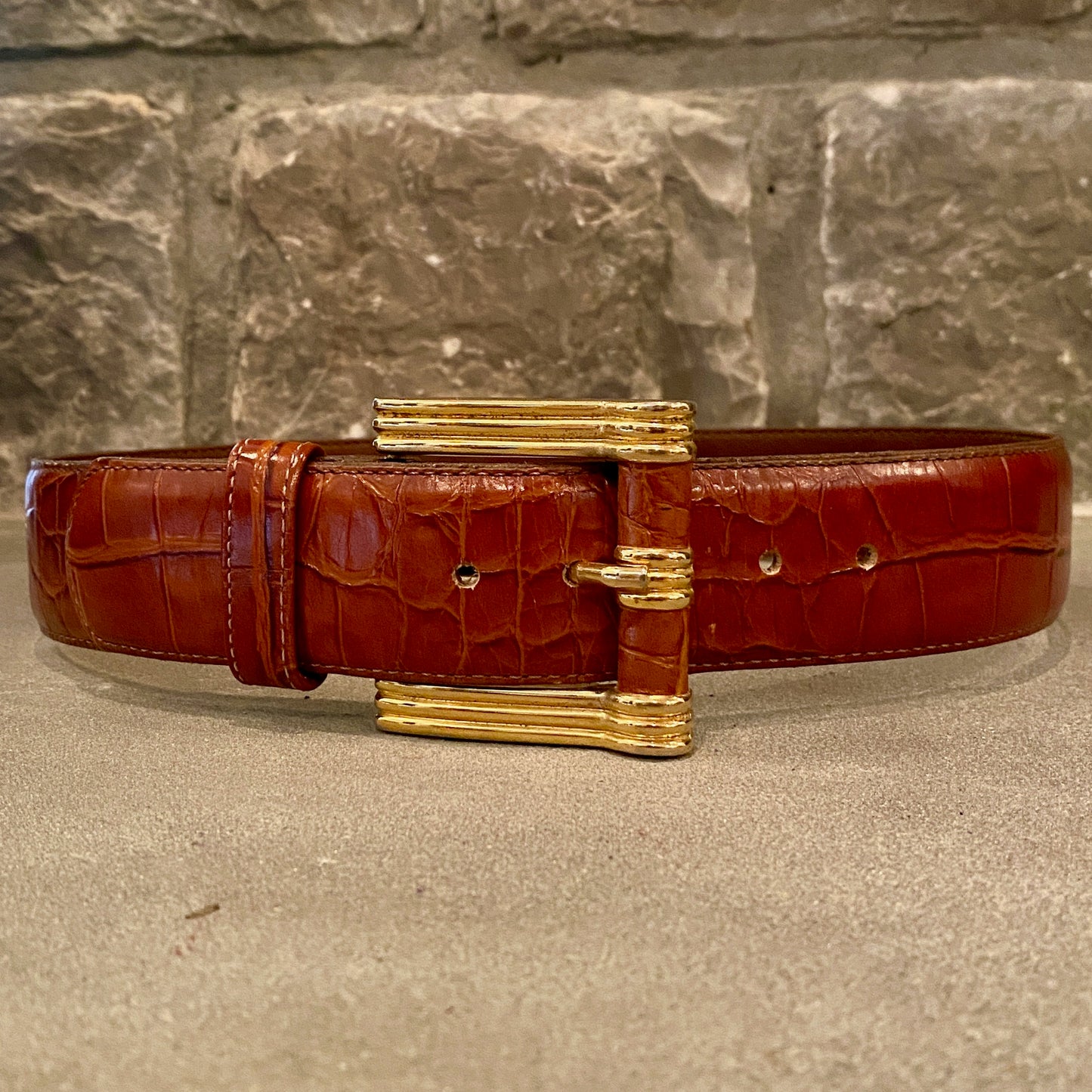 1980's Grain Leather Waist Belt with Gold Buckle